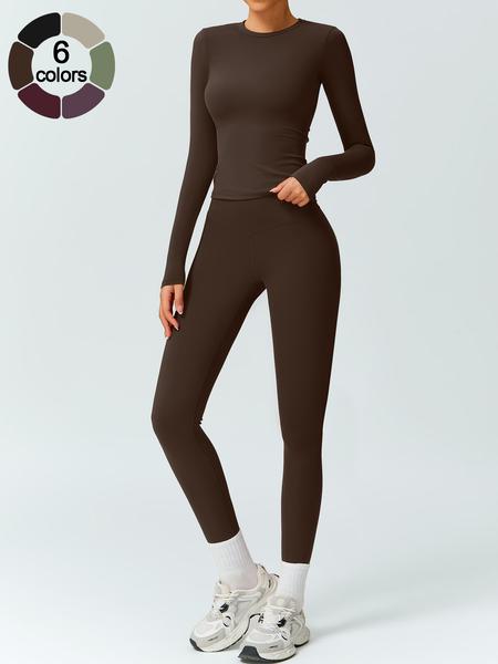 Women's Solid Color Long Sleeve Tee & High Waist Leggings Tracksuit Set, Athletic Activewear Tracksuits, Sporty Comfy Breathable Outfits for Gym Workout Running, Ladies Fall & Winter Sportswear