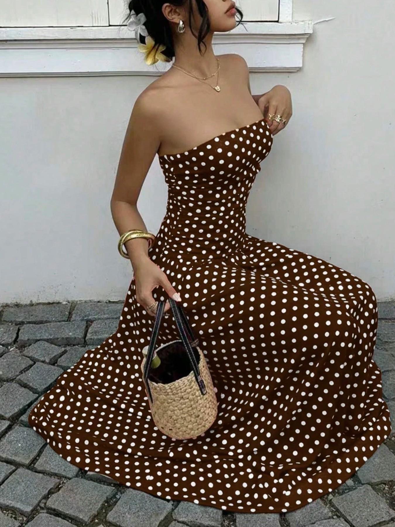 Women's Elegant Chic Fashion Polka Dot Strapless Dress, Stylish Sleeveless Maxi Dress for Parties and Casual Wear Womenswear, Elegant Evening Dress Women's Elegant Chic Fashion Polka Dot Strapless Dress, Stylish Sleeveless Maxi Dress for Parties and Casual Wear Womenswear, Elegant Evening Dress