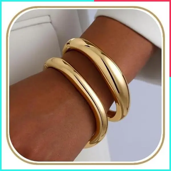 2pcs Trendy Hinged Cuff Gold Bangle Bracelets for Women, Open Wide Chunky Stack Arm Cuff Jewelry