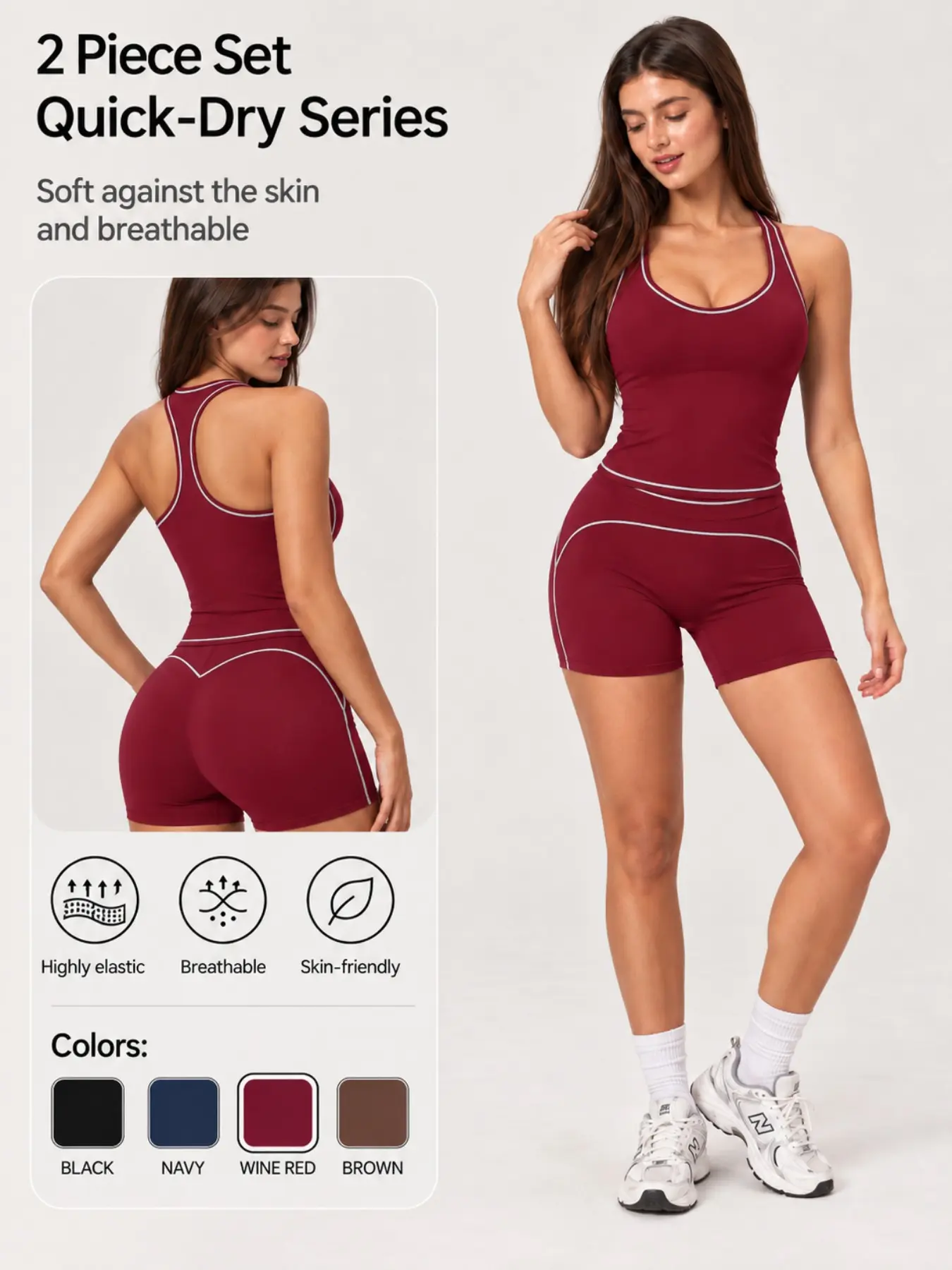 Women's Colorblock U-Neck Sports Bra and High-Waisted Shorts Set, High-Elastic Fitness, Tummy Control, Running, Pilates, Aerobics