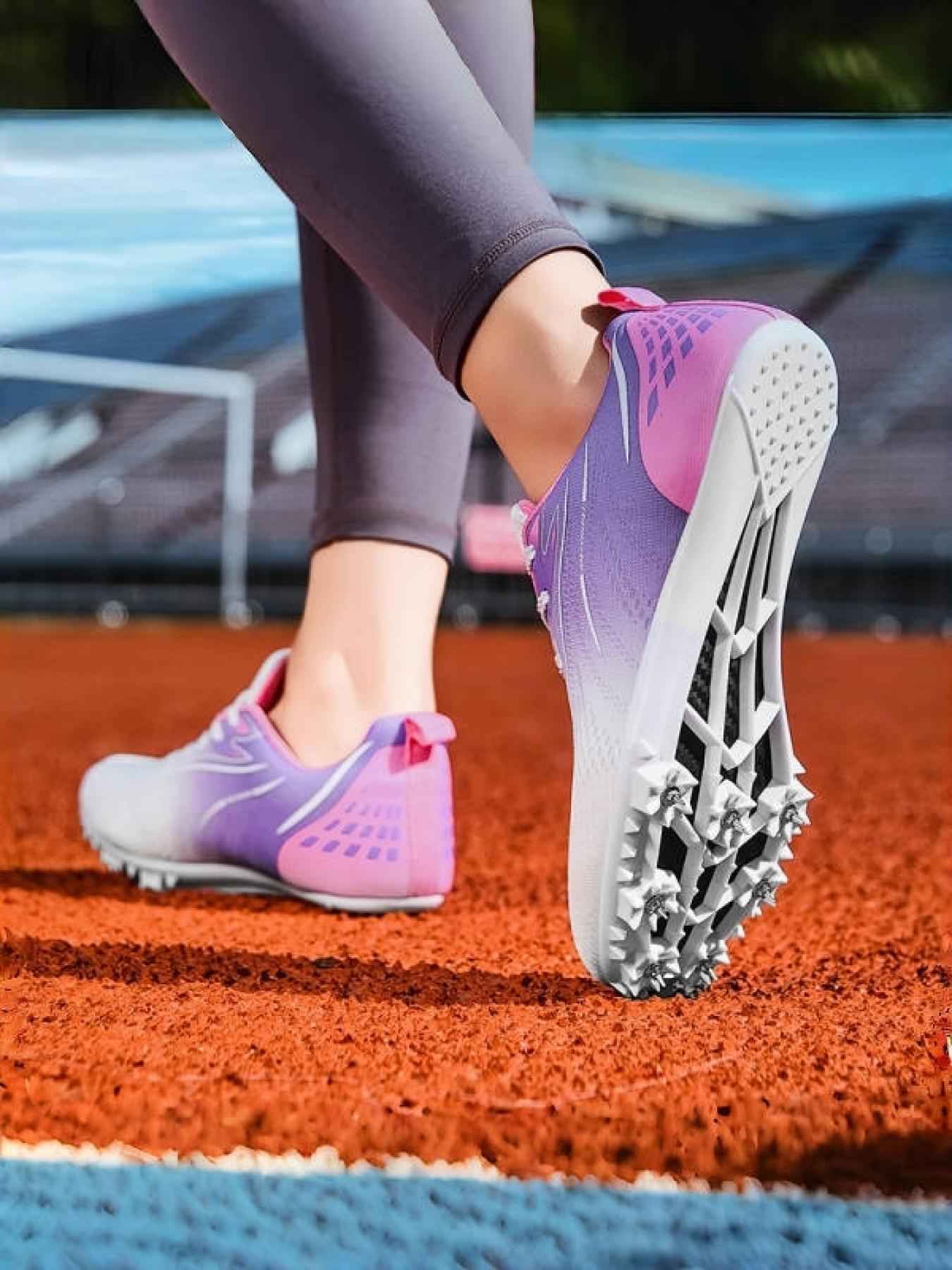 1 Pair Parent-Child Orange Green Gradient Removable Spike Track Shoes Colorful Racing Breathable Mesh Strong Grip Multi Ground Training And Competition