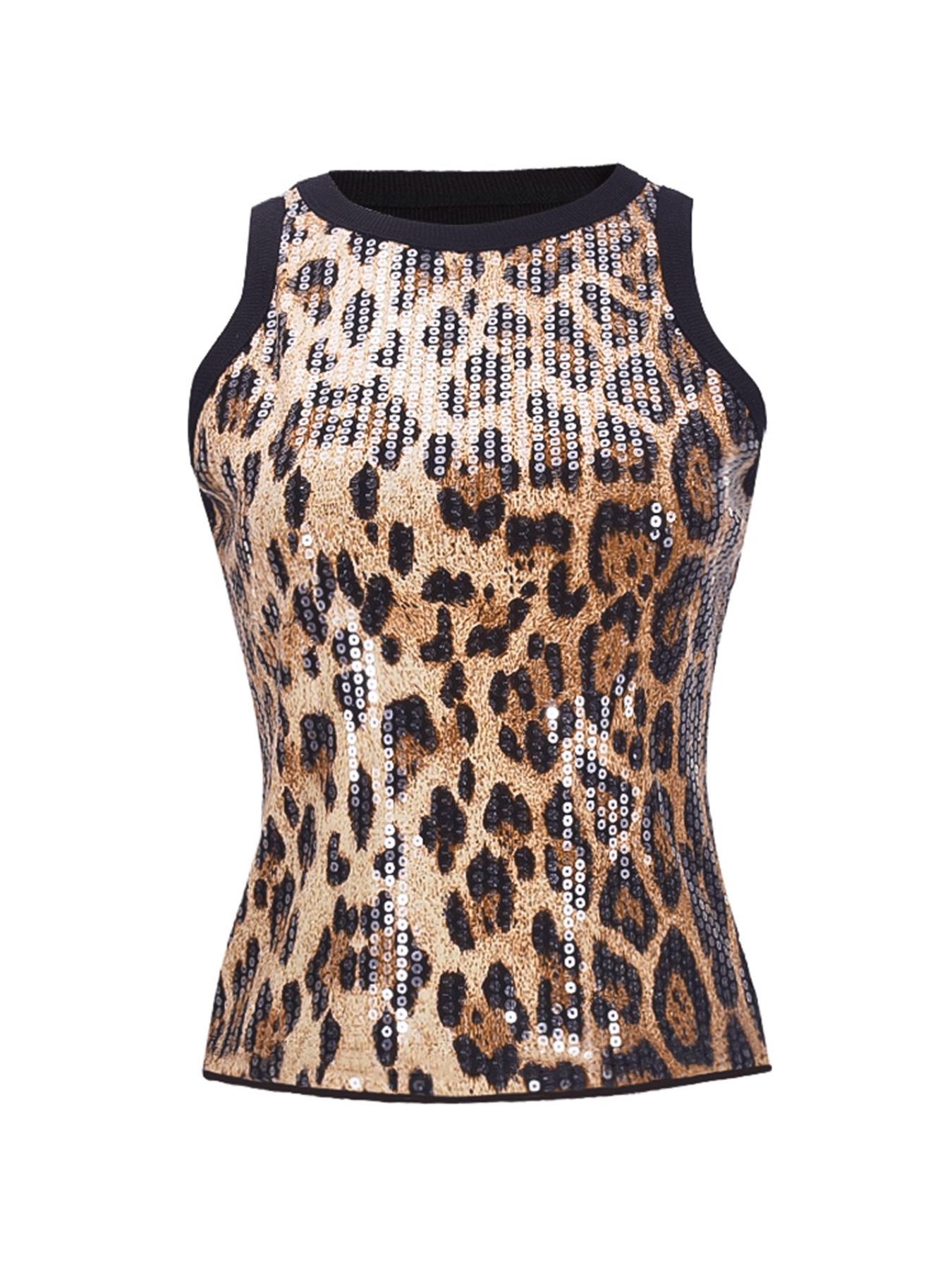 Women's Elastic Sequin Leopard Print Vest, Stylish Design, Sleeveless Tank Top For Spring And Summer，Perfect for Casual Wear, Comfortable and Trendy Fashion Piece