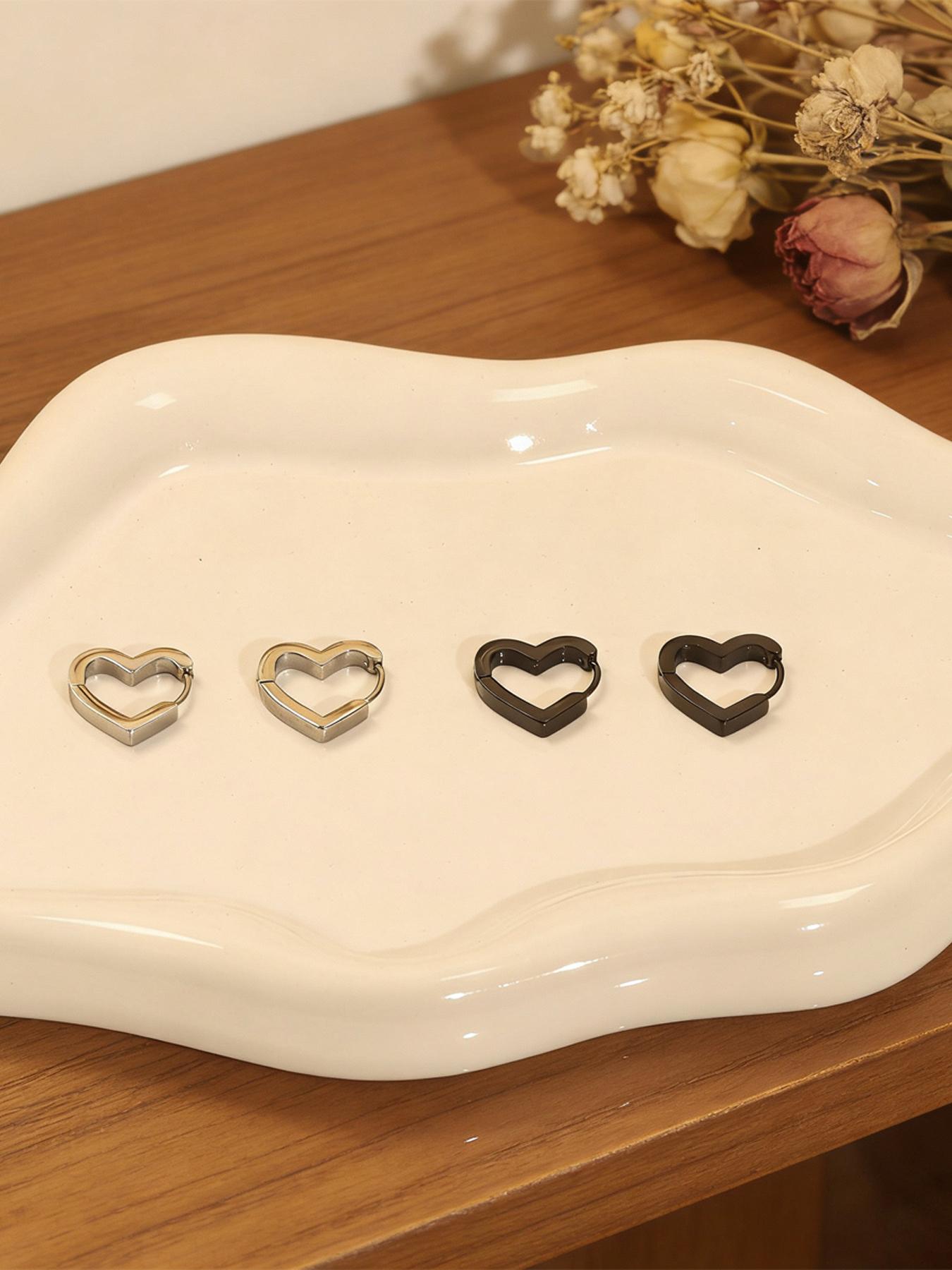 2 Pairs Stainless Steel High Polish Asymmetric Earrings, Triangle Heart Studs for Couples, Daily Wear, Various Festival