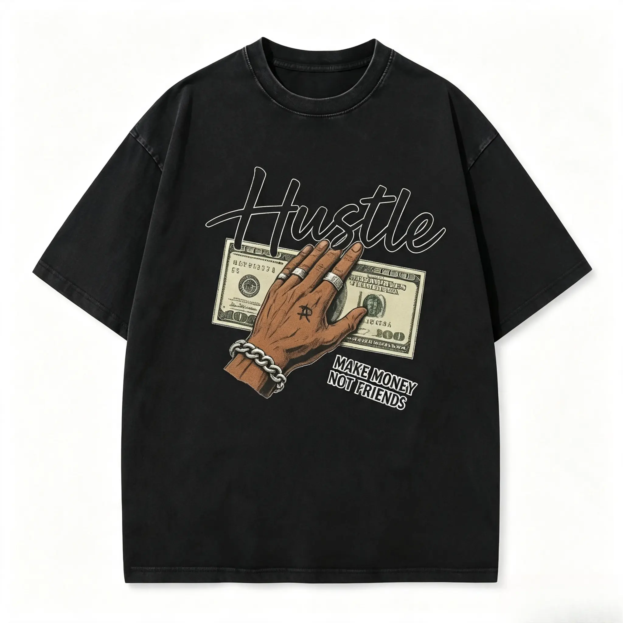 Hustle Money Hand Chain Street Graphic Oversized Cotton T‑Shirt, Hip‑Hop Fashion Casual Outfit, Comfort Short Sleeve Tee, Novelty Valentines Holiday Gift for Him Her Hustle Culture Fans Friends Family