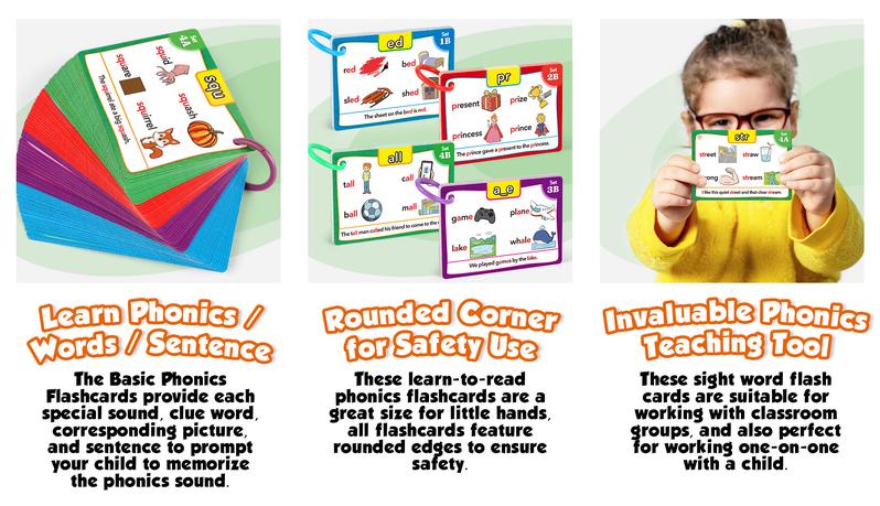 Torlam Phonics Flash Cards Learn to Read Spelling Reading Sight Words Games Include Digraphs CVC Blends Long Vowel Sounds 4 Levels Colorful Flashcards