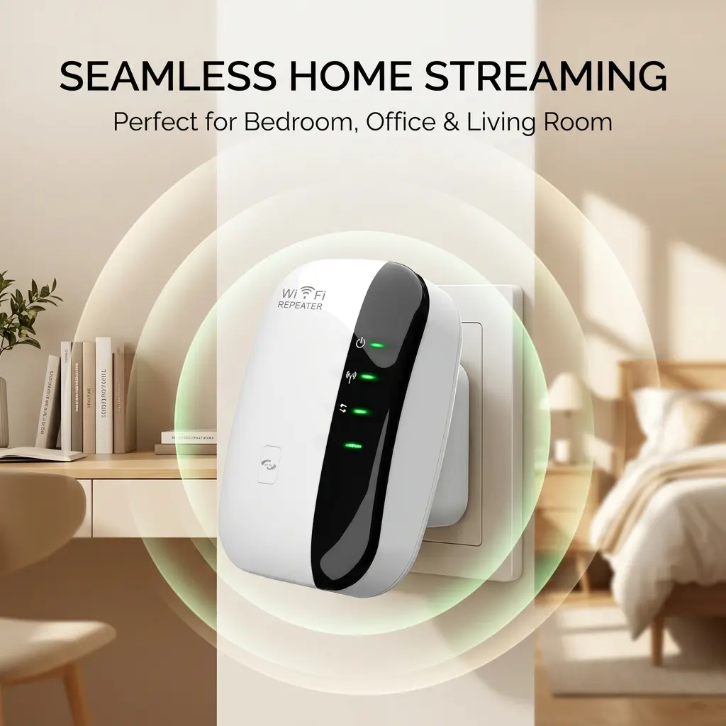 Compact WiFi Range Extender with Integrated Antennas, Wireless Signal Booster Repeater, Easy Setup, US Plug for Home Indoor Network