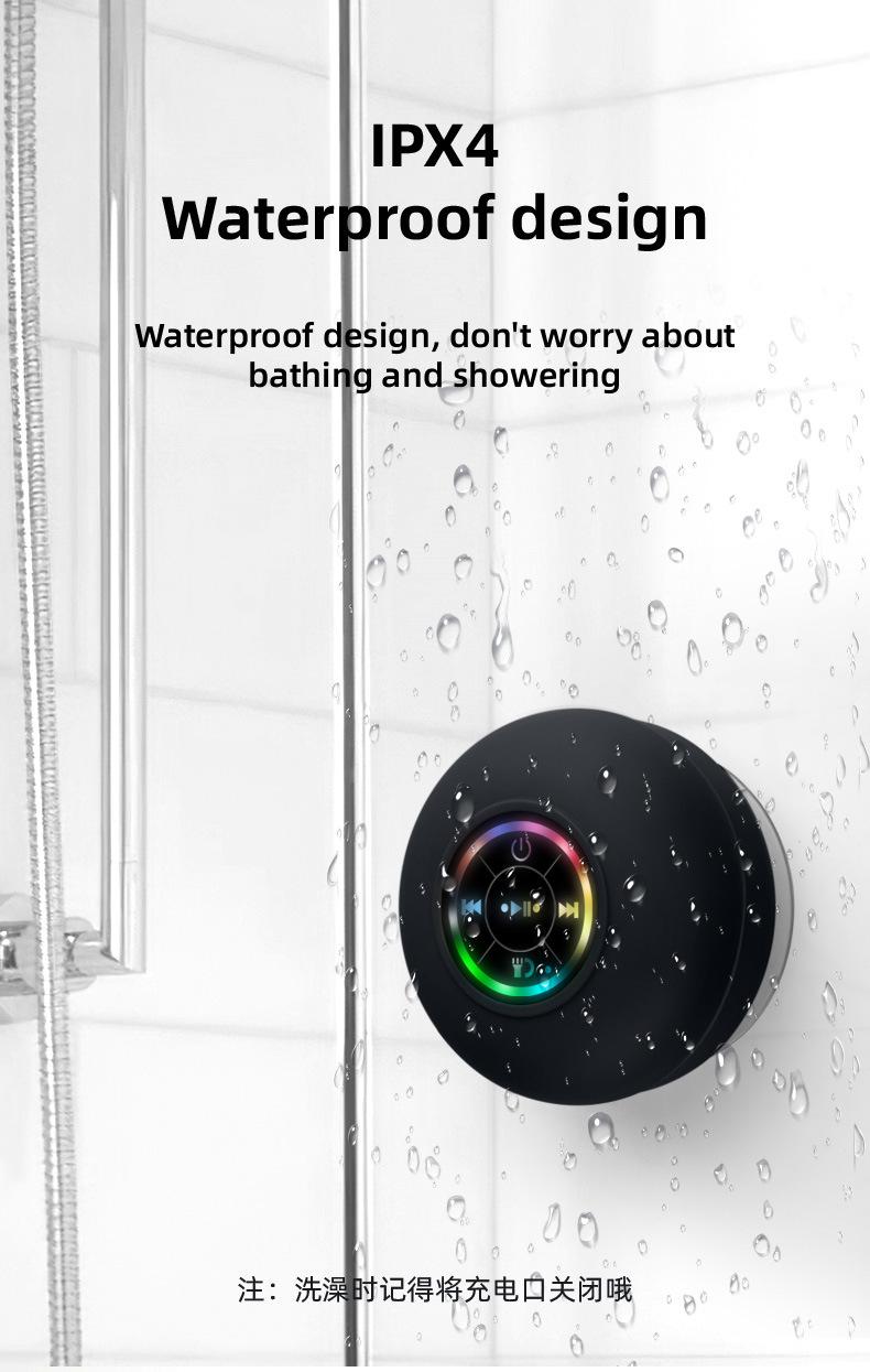 Portable Mini Bluetooth Shower Speaker with LED light, IPX4 Waterproof, Hands-Free Speakerphone. Rechargeable Using Micro USB, Wireless Stereo for Beach, Shower & Home