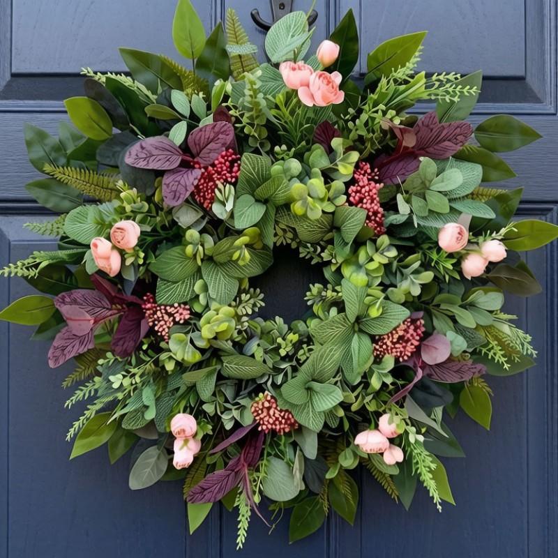 Summer Greenery Wreath with Berries and Fern Leaves, Handmade Farmhouse Door Wreath, Indoor Outdoor Wall Window Decor, All-Season Hanging Decoration