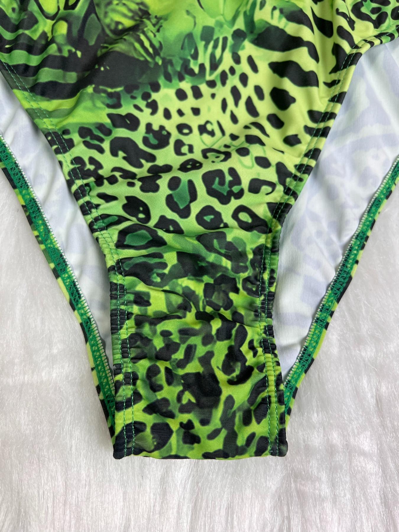 Women's New Leopard Print Halter Backless Cut Out One-Piece Swimsuit, Sexy Hollow Design Swimwear for Ladies, Cutout Bathing Suits