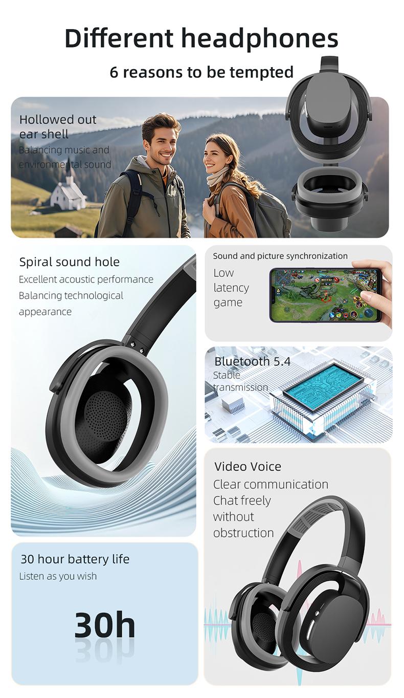 PAXA ZW-083 Headset Bluetooth Headphones，Hollow Earphone Design,Outstanding Acoustic Performance Balance Technology,  Low-Latency Sound Image Synchronization, Bluetooth 5.4 Stable Version, 30-Hour Battery Life, Suitable For Work Or Outdoor Activities.