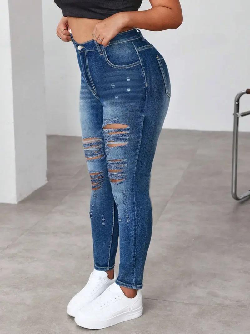 Plus Size Women's Elastic Washed Tight Casual Ripped Skinny Jeans, Distressed High Waist Long Denim Jeans for All Seasons, Sexy Date
