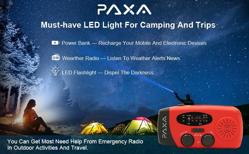 PAXA Compact Solar Powered Hand Crank Radio, Chargeable Power Bank Weather Radio with Flashlight for Charging Phones, Portable Charger Radio with LED Lights