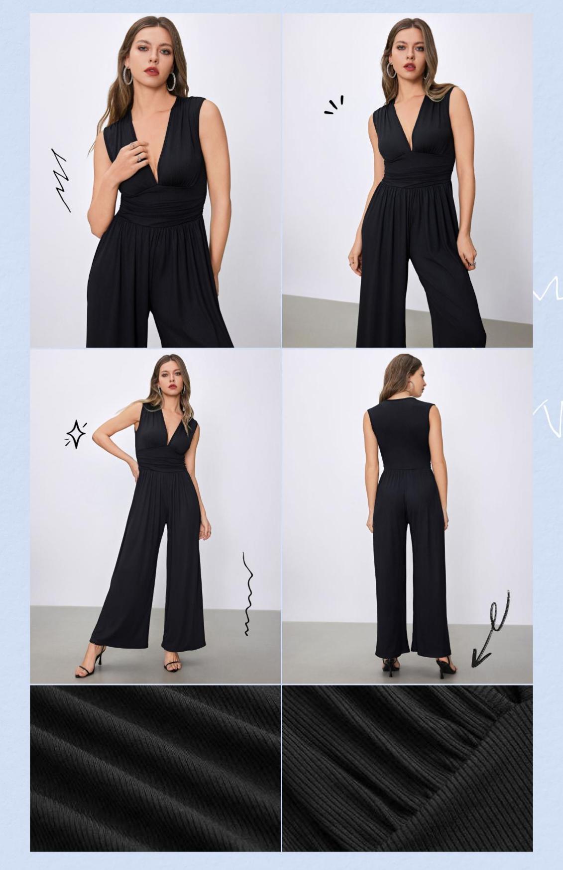 Cider [10 colors, size 0-26] V-neck Ruched Solid Wide Leg Jumpsuit