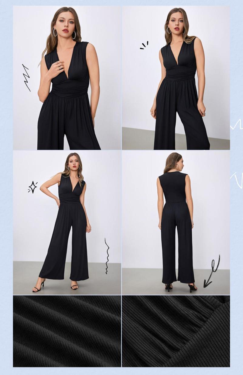 Cider [10 colors, size 0-26] V-neck Ruched Solid Wide Leg Jumpsuit