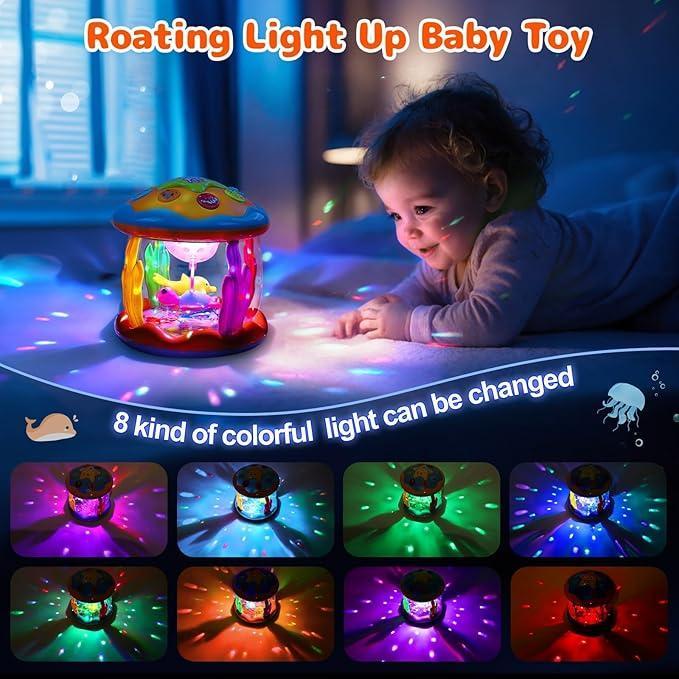 Product Introduction of Baby Musical Light Up Toys 6-36 Months, Tummy Time Ocean Projector Rotating, Infant 0-12 Months Learning Crawling,Floor drum Toy , Birthday present for baby, Rattle Maracas Sensory 1