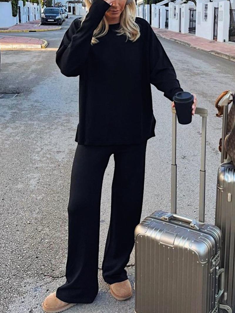 Women's Fall Winter Knitted Travel Airport, Soft Fleece Warm Round Neck Long Sleeve Pants Set, Two-Piece Sweater Dress