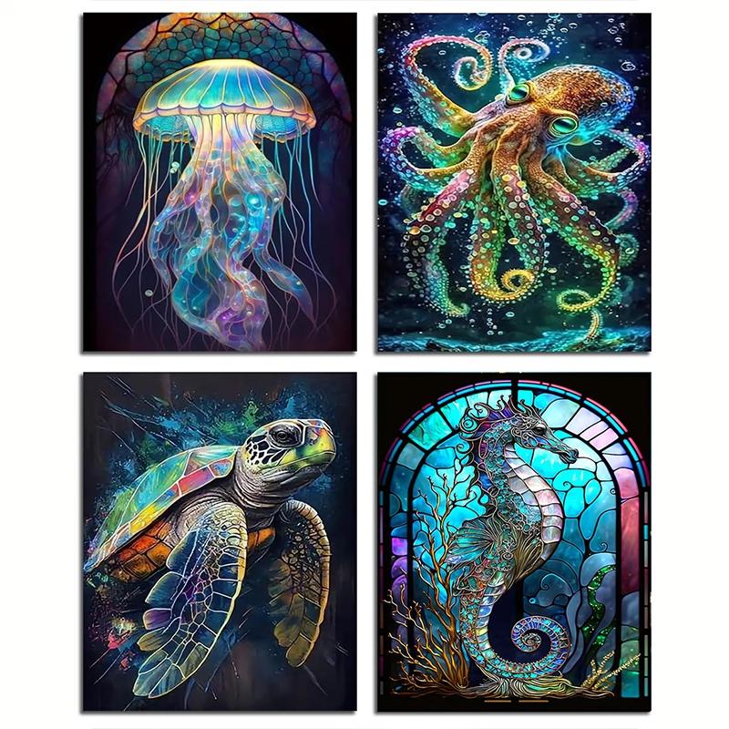 Marine Life Pattern DIY Diamond Arts Painting Kit without Frame, 4 Counts/set DIY 5D Diamond Arts Colorful Painting Kit, Wall Art Decor for Home, Diamond Painting Kits