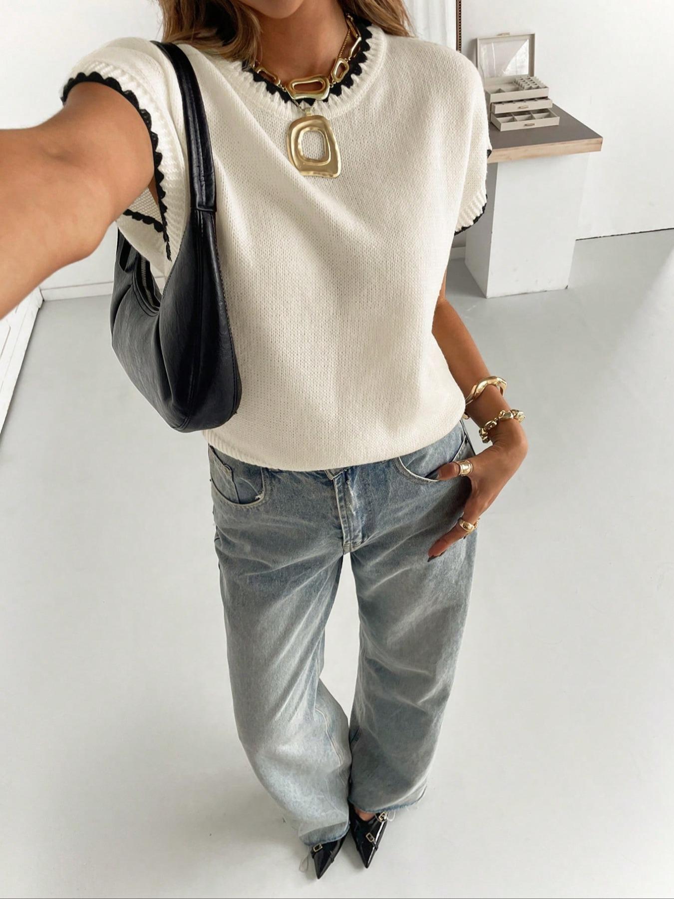 Women's Colorblock Knit Sweater, Casual Fall & Spring Fashion, Ribbed Design, Perfect for Daily Wear, Business & Leisure, Knitwear