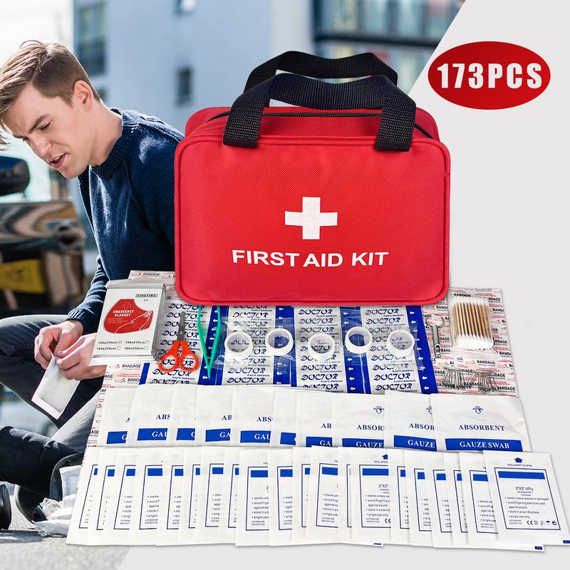 Portable Emergency Kit, 173pcs/bag Outdoor First Aid Kit, Compact Lightweight First Aid Bag for Home, Office, Car, Outdoor, Boat, Camping, Hiking Sterile Gauze Pads Medical Tape