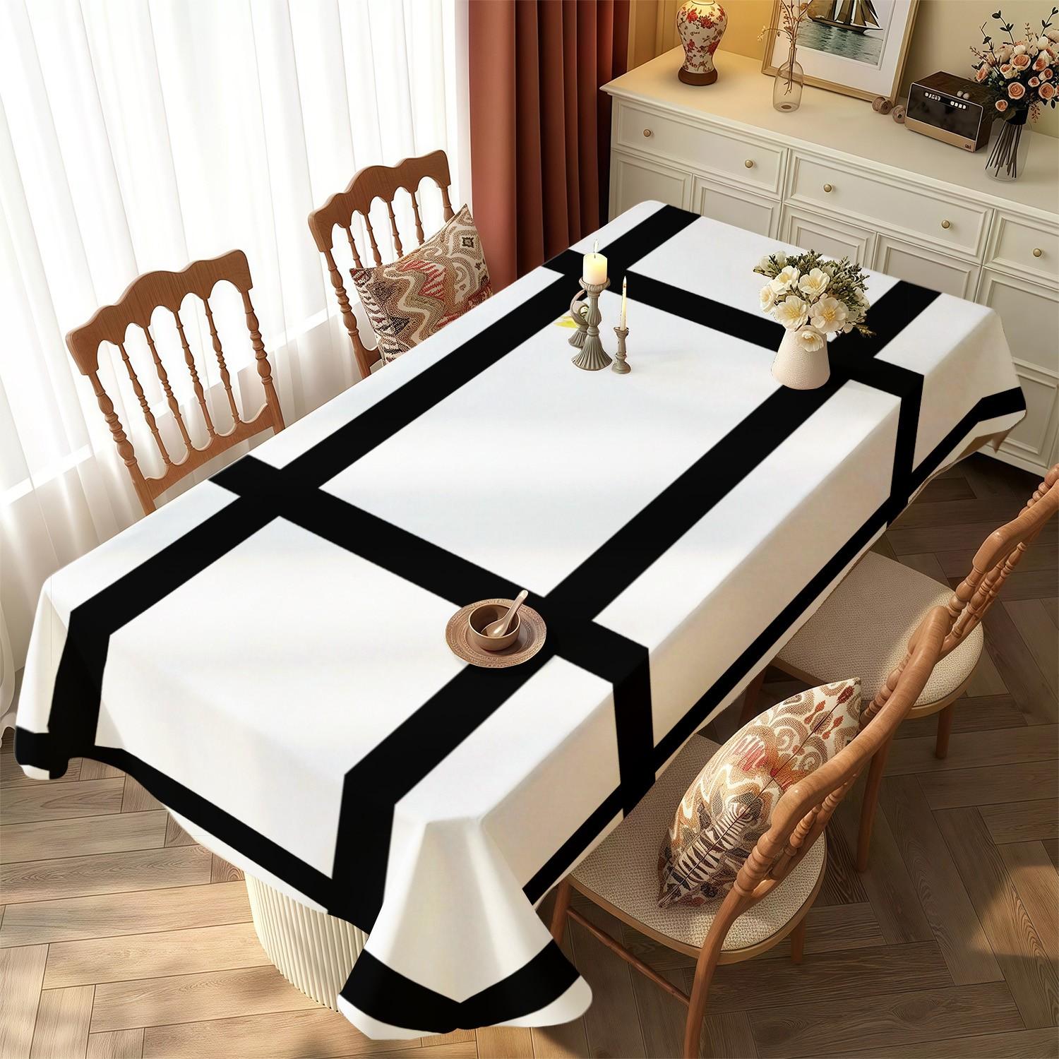 Rectangular White Tablecloth with Black Grid, Polyester Material, Waterproof & Oil - Resistant, Suitable for Home & Outdoor Use, Minimalist Style, Ideal for Wedding, Holiday, Birthday & Thank You Gifts, Cozy Dining Area Decor