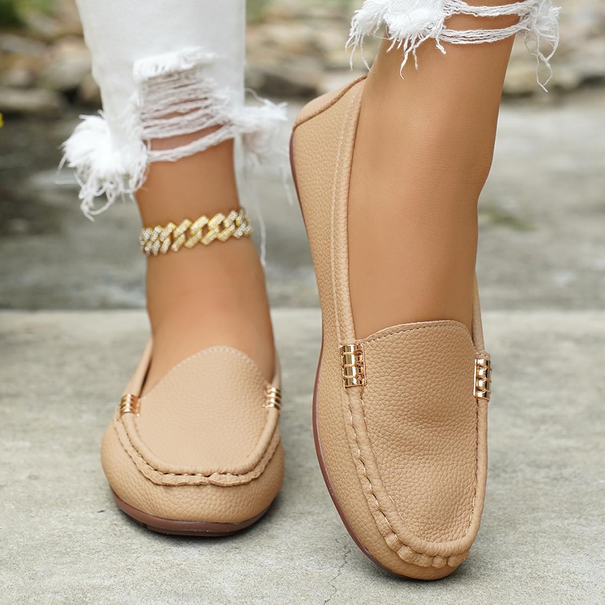 Women's Classic Plain Low Heel Shoes, Fashionable and Sexy, High-End Slant Metal Chain Decoration, Comfortable Casual Loafers, Slip On Shoes