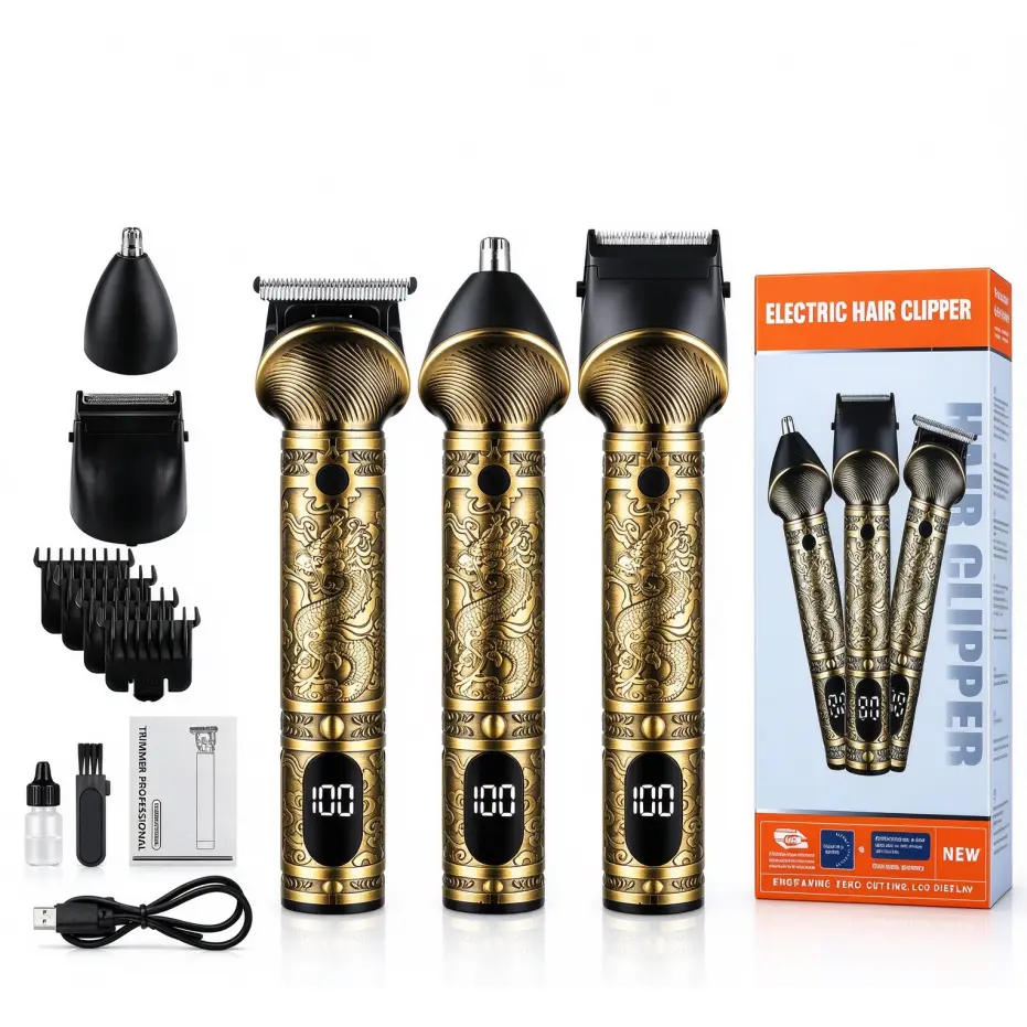 Vintage Dragon Engraved T9 0-Gap Cordless Hair Clipper Kit, LCD Screen Speed Adjustable Multi-Blades, Professional Barber & Men Home Grooming Tools