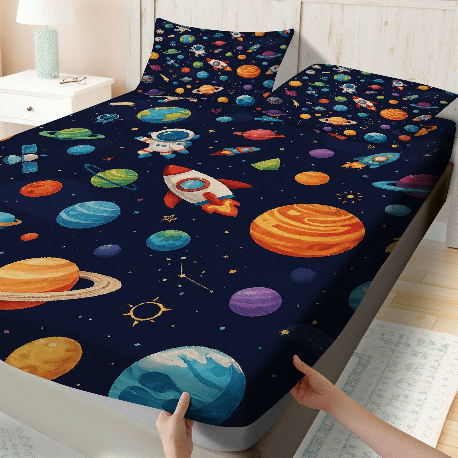 3Pcs Space Planet Astronaut Fitted Sheet Three Piece Set (1*Fitted Sheet+2*Pillowcases, Coreless), Science theme, Galaxy Bedding Set, Mattress Protector Soft, Breathable