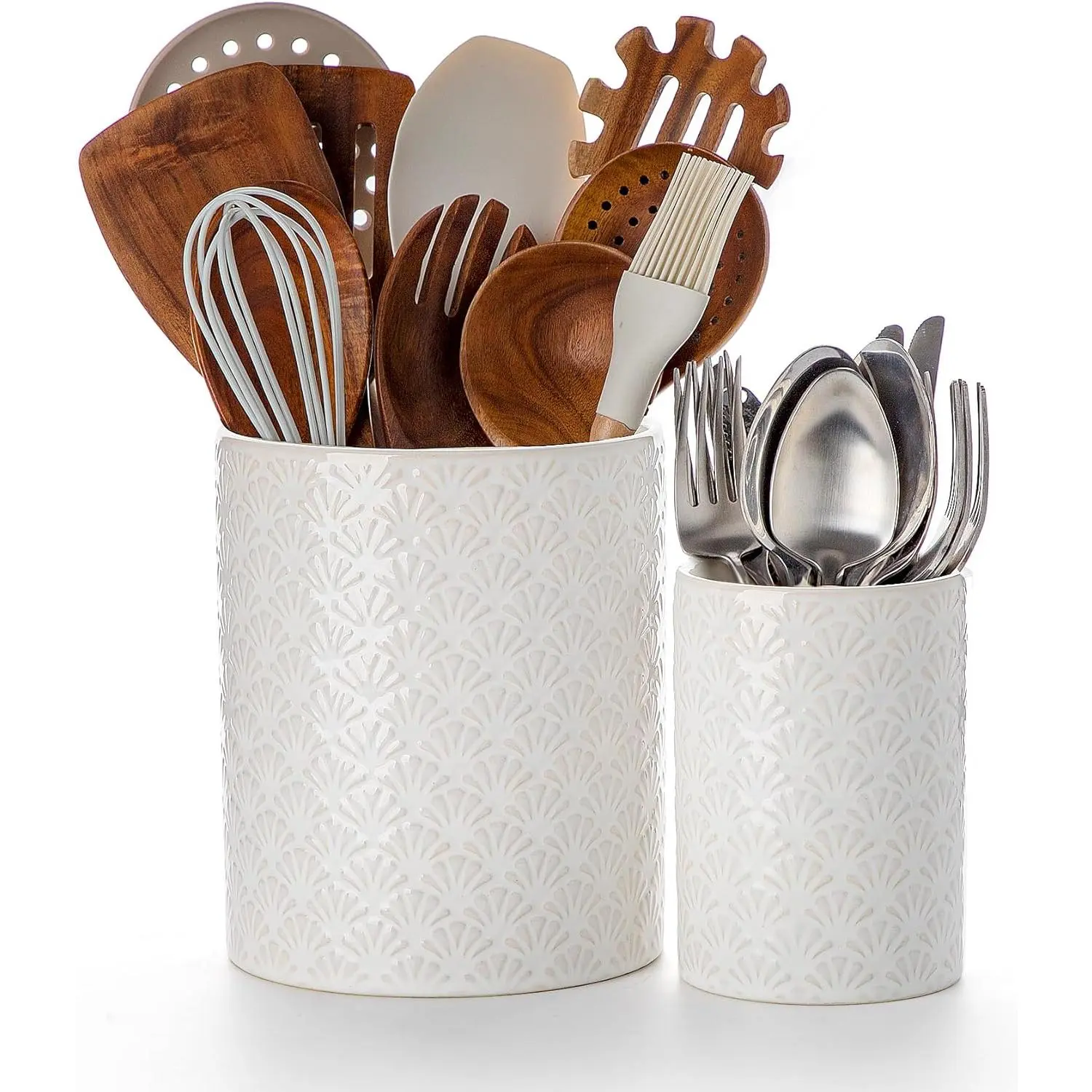 Nucookery Ceramic Utensil Holder 2-Piece Set - 7.1in & 5.4in White Petal Pattern Large Size Storage Crock, Stable Farmhouse Kitchen Counter Organizer, Multi-Use Christmas Thanksgiving Gift Idea, Two Piece Set