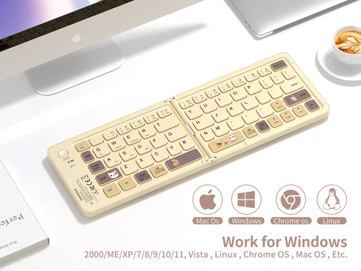 Mofii Foldable Bluetooth Keyboard, Compact & Portable Cat Design, Cartoon Theme, Milk Tea Color, Multi-Device Compatible, US QWERTY Layout, Folding Wireless Keyboard