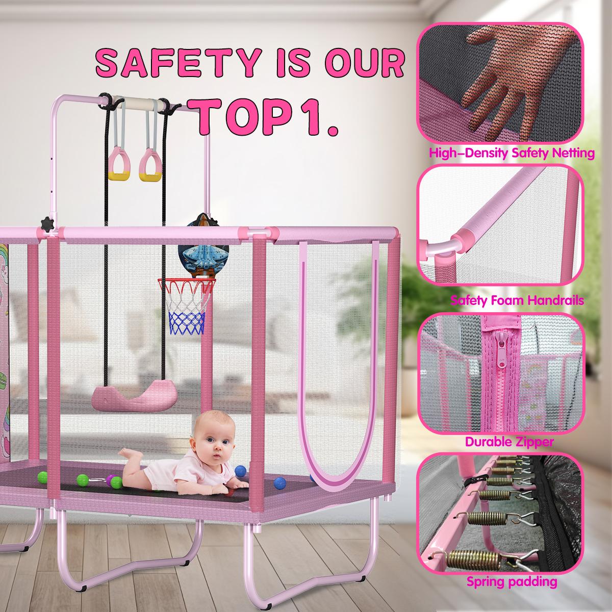 【AUTHENTIC】SkyBound Mini Square Trampoline for Kids with Basketball Hoop, 36"*55'' Indoor Outdoor Toddler Trampoline with Enclosure Net, Swing, Colorful Ocean Balls, Birthday Gift for Boys Girls,basketball