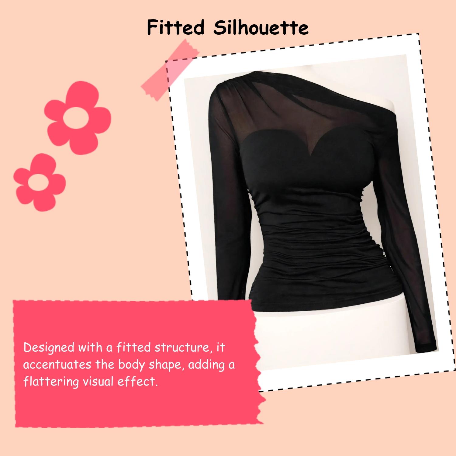 Women's Sexy Sheer Mesh Patchwork Asymmetrical Shoulder Long Sleeve Slim Fit T-Shirt, Stylish Casual Top for Daily Wear