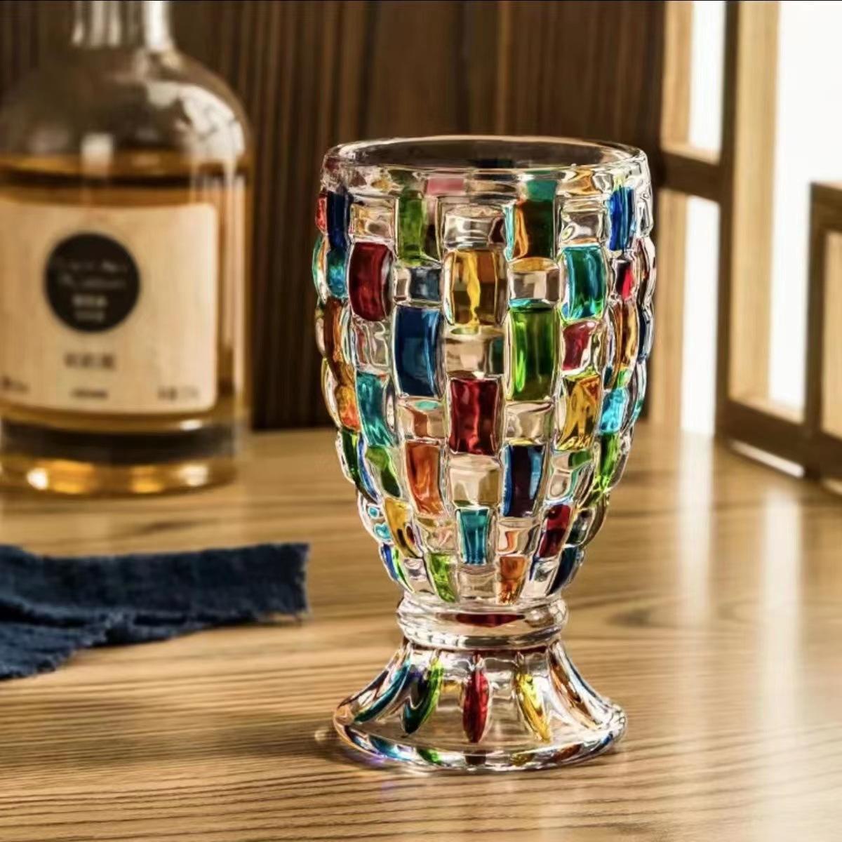 Colorful Glass Cup, 2/4 Counts Geometric Pattern Glass Cup, Juice Cup, Vintage Wine Cup, Serving Drinkware for Home Kitchen Party, Stylish Glass Cups