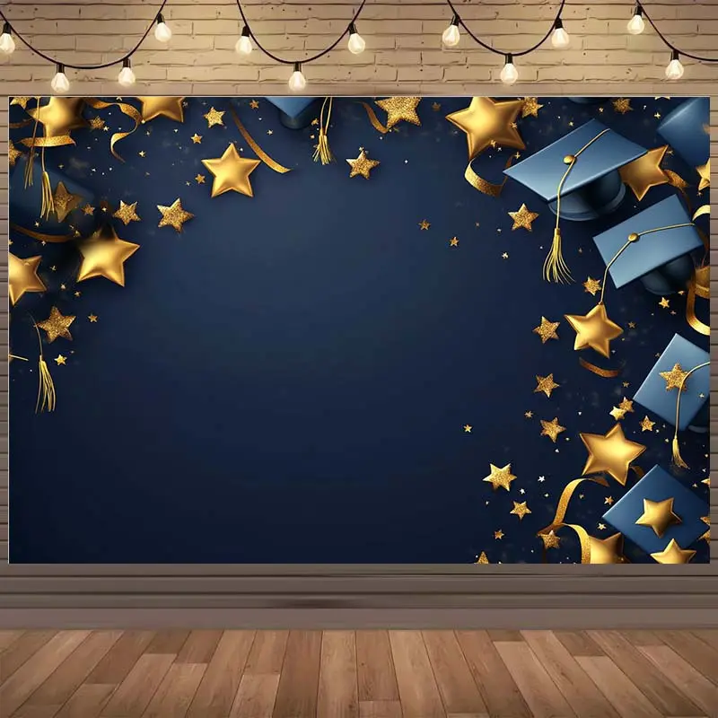 2D Flat Graduation Backdrop Banner, Golden Star Grad Cap Photo Background Cloth, Indoor Outdoor Birthday Graduation Party Decor