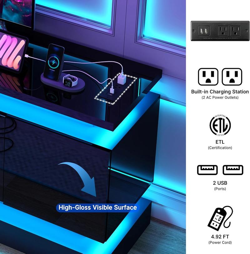 71in Fireplace TV Stands w/40 inch Fireplace Power Outlet for 85/80/75 Inch TV,High Glossy Modern TV Console Gaming Entertainment Center with 2 Storage Cabinets,Dual LED Lights,Black/White