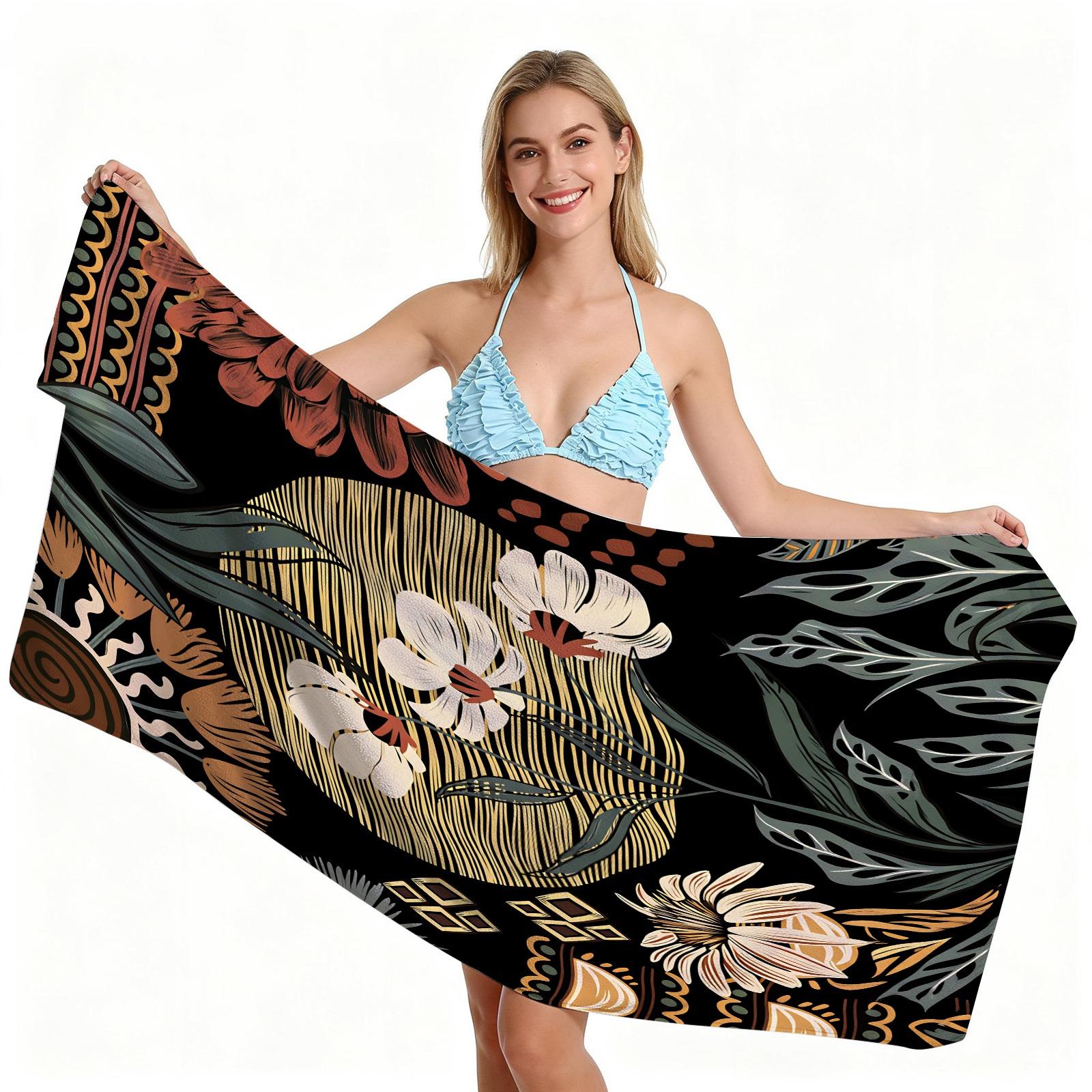 Bohemian Vintage Floral Beach Towel, Hand-painted Ethnic Totem Design, Quick Dry Absorbent Soft Skin-friendly, Ideal for Summer Beach Vacation Pool Party Use