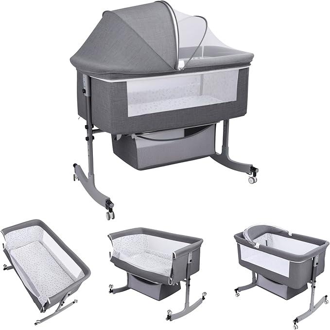 3 in 1 Baby Bassinet,Bedside/Rocking Bassinet for Baby,Bedside Crib with Lockable Wheels,Waterproof Mattress,Adjustable 6 Heights,Portable Bassinets Bedside Sleeper for Newborn Infant