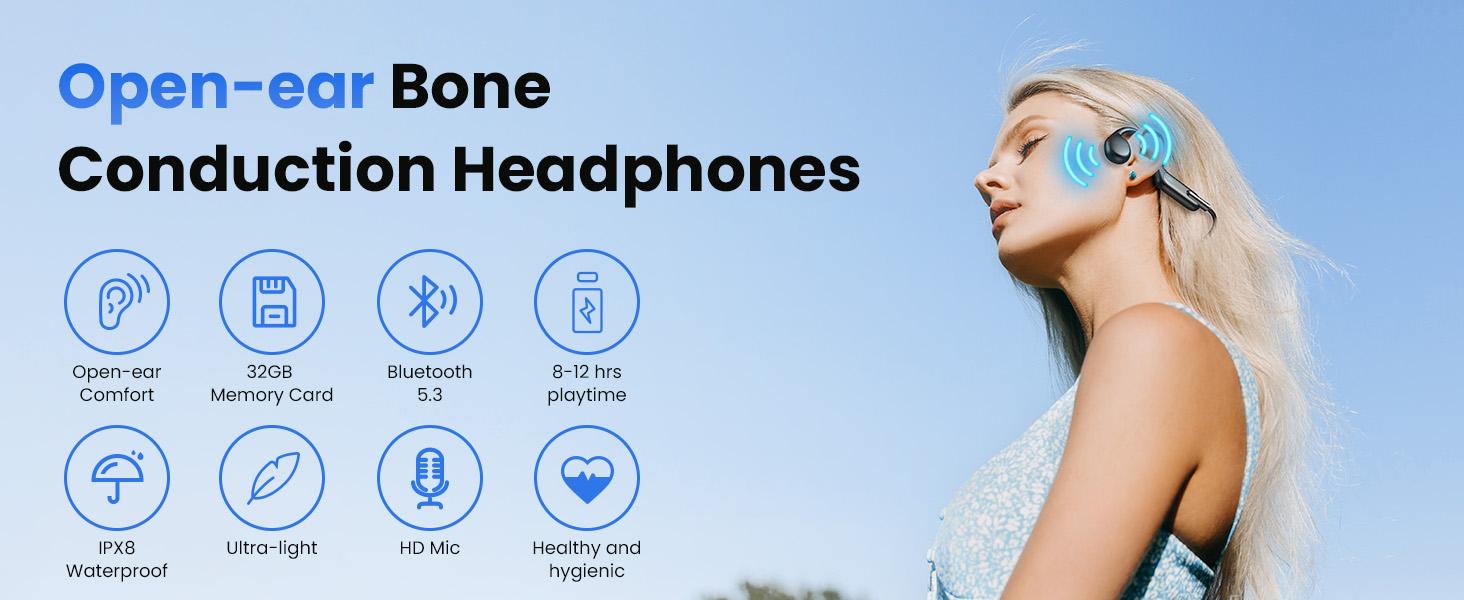 Bone Conduction Headphones, Wireless Open-Ear Headphones, Bluetooth 5.3 with Mic - MP3 Play Built-in 32GB Memory, IPX8 Waterproof Sports Headphones for Gym Workout Swimming Running Cycling.x6-3BY