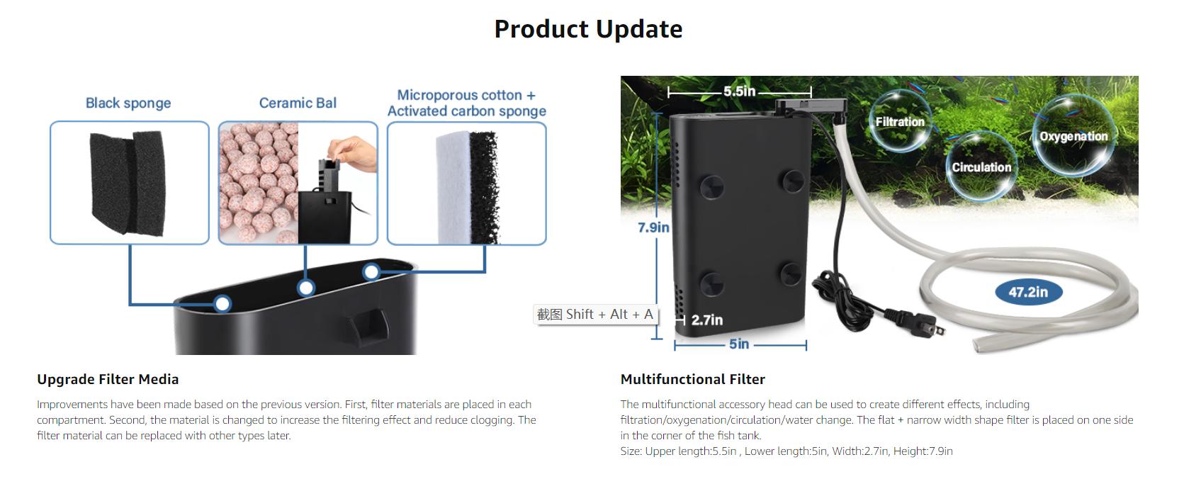 hygger Multifunctional Aquarium Filter, 60GPH Fish Tank Power Filter for Water Change, Filtration and Landscaping with Water Hose, Rainforest Tube, Sponge Ceramic Balls Filter Media