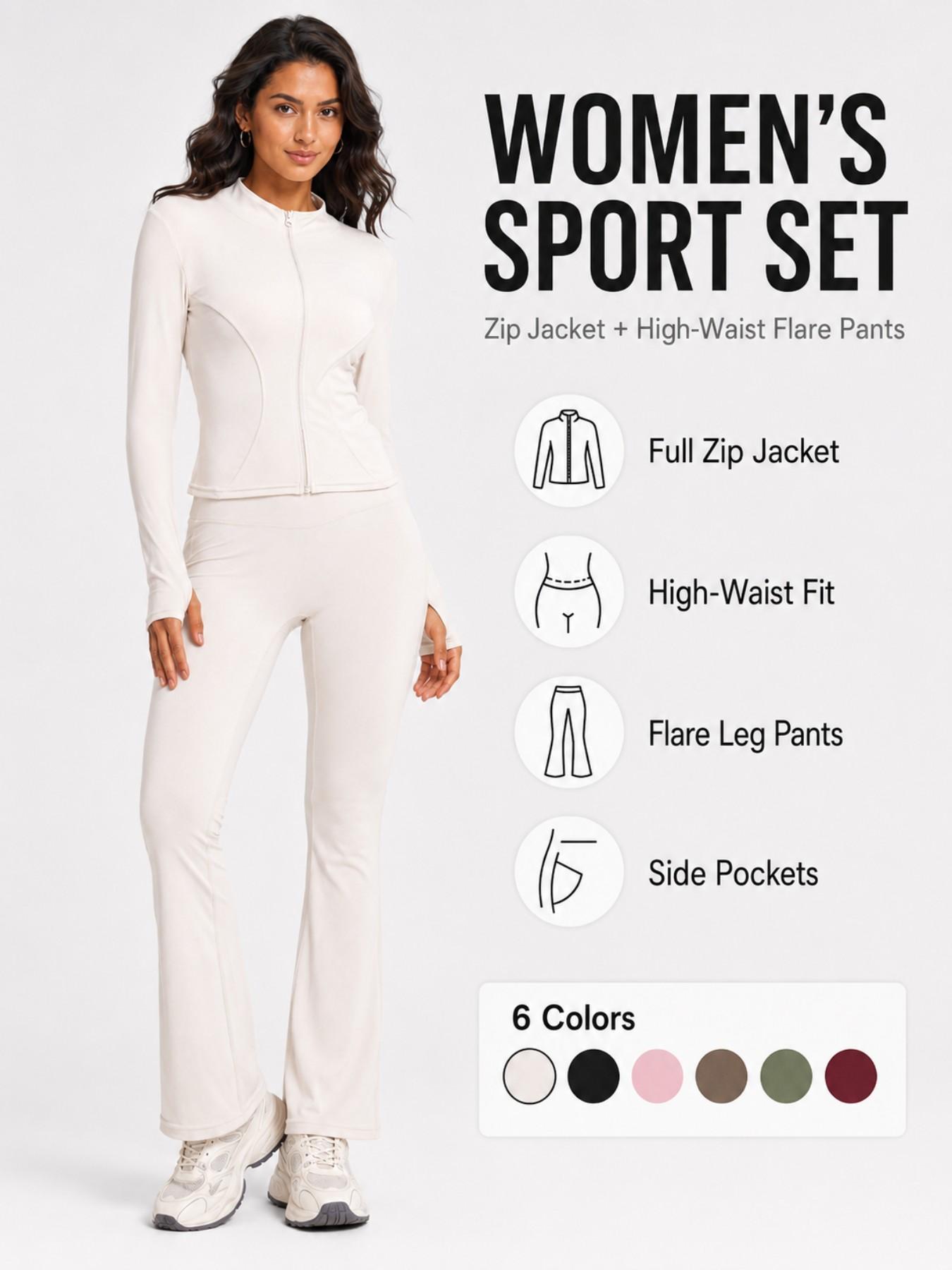 Women's Sport Set 2 Piece Outfits, Slim Fit High Stretch Activewear Running Zip Up Jacket and High Waist Flared Yoga Pants Tracksuit with Pockets Sportswear Set Athletic Clothes Set