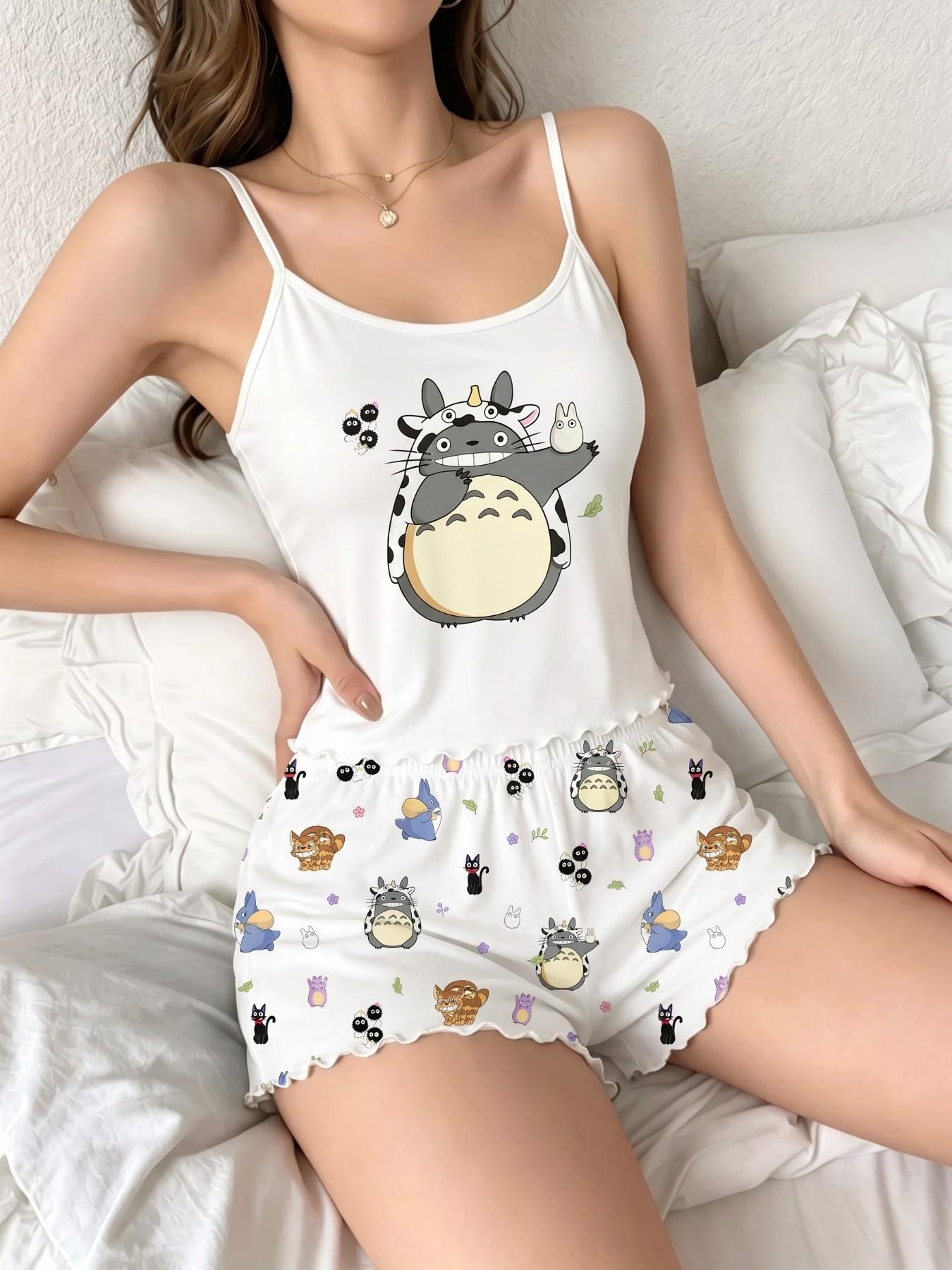 Summer Women's Pajama Set 2-Piece Camisole Panties Set, Sleeveless Casual Fitted Sleepwear, Strawberry Girl Print, Comfortable Home, Loungewear
