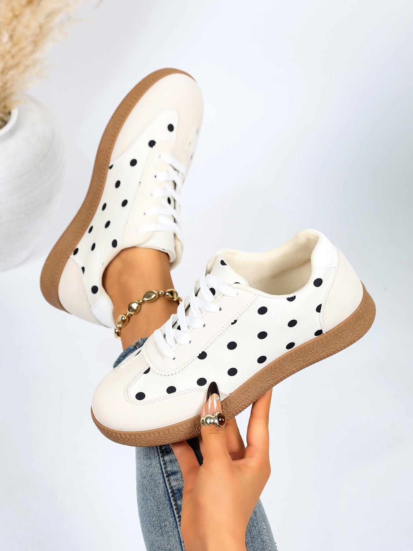 Women's Polka Dot Print Casual Board Shoes, Low Ankle Trainers, Vintage Soft Rubber Sole Lace-Up Athletic Sports Shoes, Everyday Versatile Flat Sneakers, Trending Sneakers, Walking Shoes