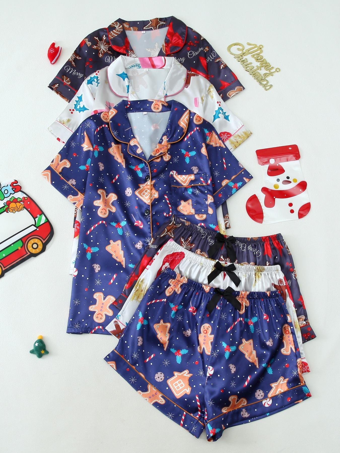 Six-Piece Set Women's Christmas Theme Contrast Binding Short Sleeve Satin Loungewear Set for Christmas Gifts, Summer Outfits 2024, Basic Button Front Shirt & Bow Decor PJ Shorts, Lounge Co-ord Set, Womenswear