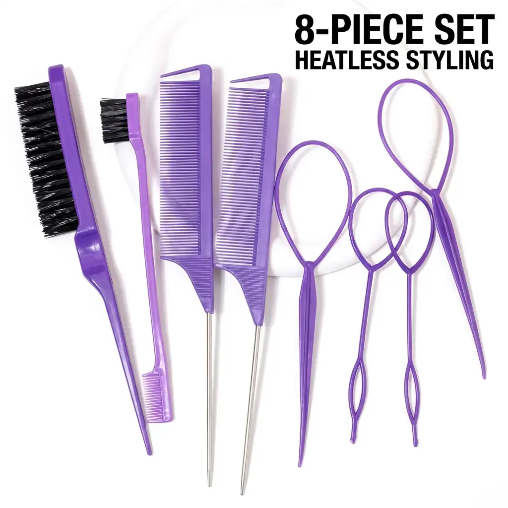 Hair Tail Tool Set, Including 4 Counts Weaving Tool Rings, 2 Counts Mouse Tail Combs, 1 Count Double-end Comb, 1 Count Edge Control Brush, Heatless Styling Tool for Hair, Hair Styling Tools