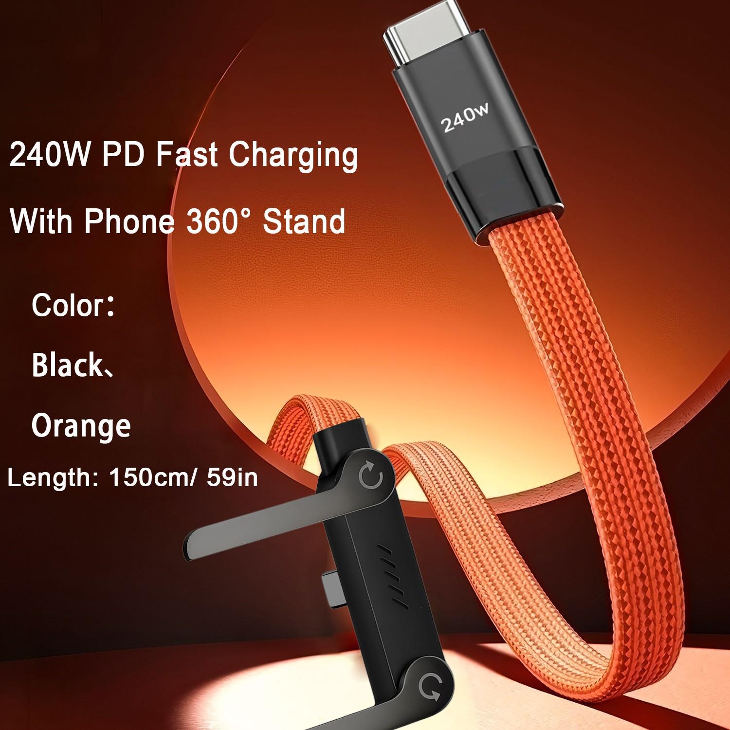 USB Type C Flat Charging Cable with Invisible 360° Rotating Phone Stand, Foldable Phone Holder, 240w Fast Charger