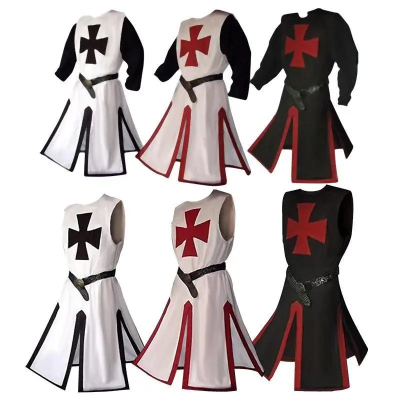Mens Medieval Crusader Knights Templar Tunic Cosplay Costumes Renaissance Halloween Surcoat Warrior Cloak Tops Belt