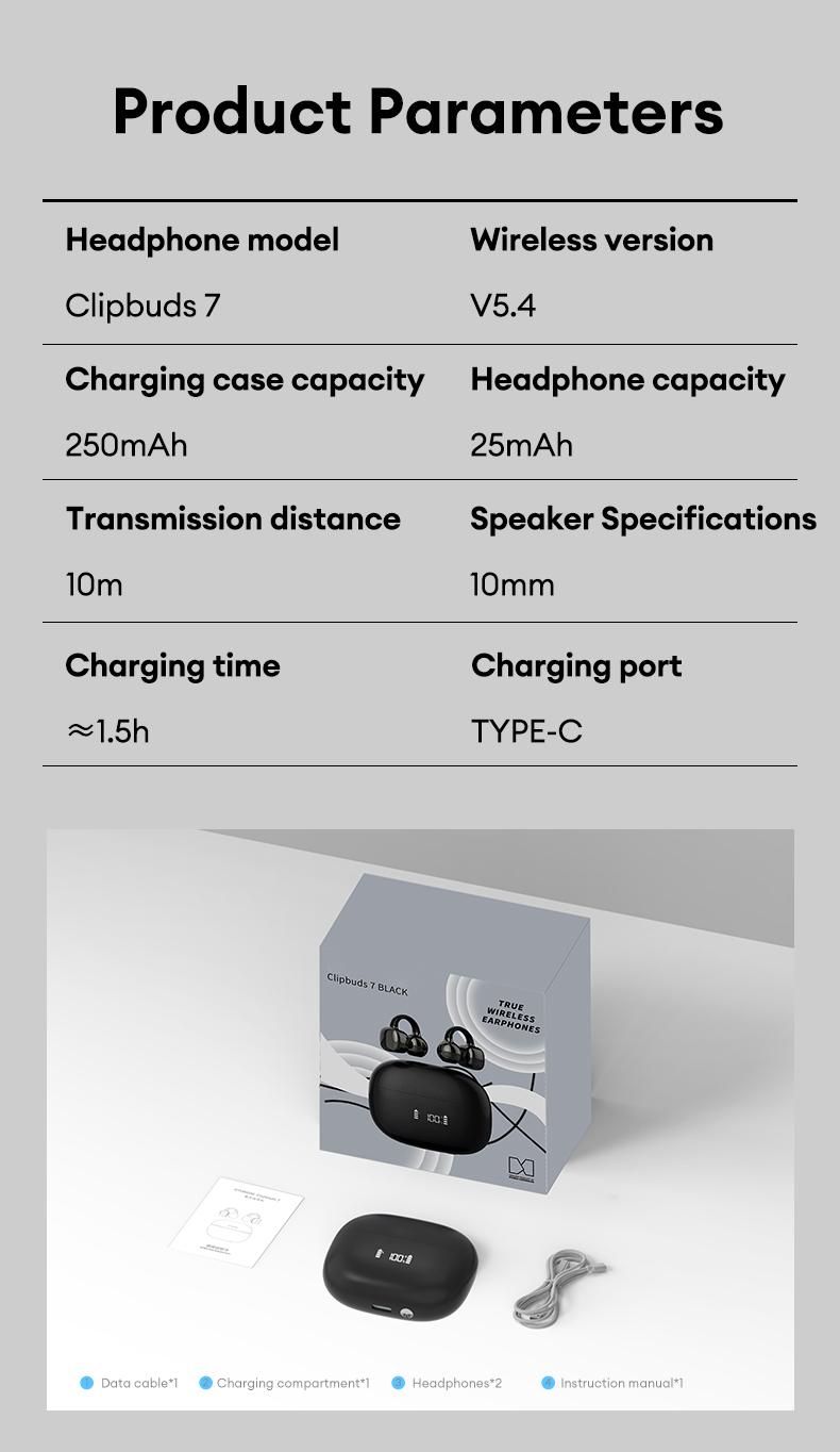 Clipbuds 7 Clip-on Design Wireless Headphones, Powerful Sound Effects for Music, Dustproof & Waterproof Sports Earbuds for Running, Workout, Audio