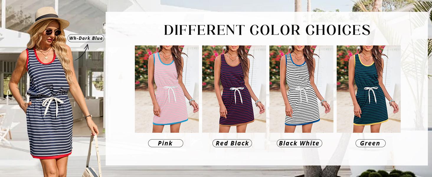 Imily Bela Womens Summer Sleeveless Striped Dress Drawstring Waist Casual Tank Mini Dresses with Pockets Imily Bela Womens Summer Sleeveless Striped Dress Drawstring Waist Casual Tank Mini Dresses with Pockets