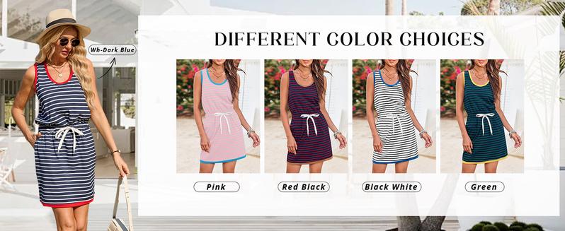 Imily Bela Womens Summer Sleeveless Striped Dress Drawstring Waist Casual Tank Mini Dresses with Pockets