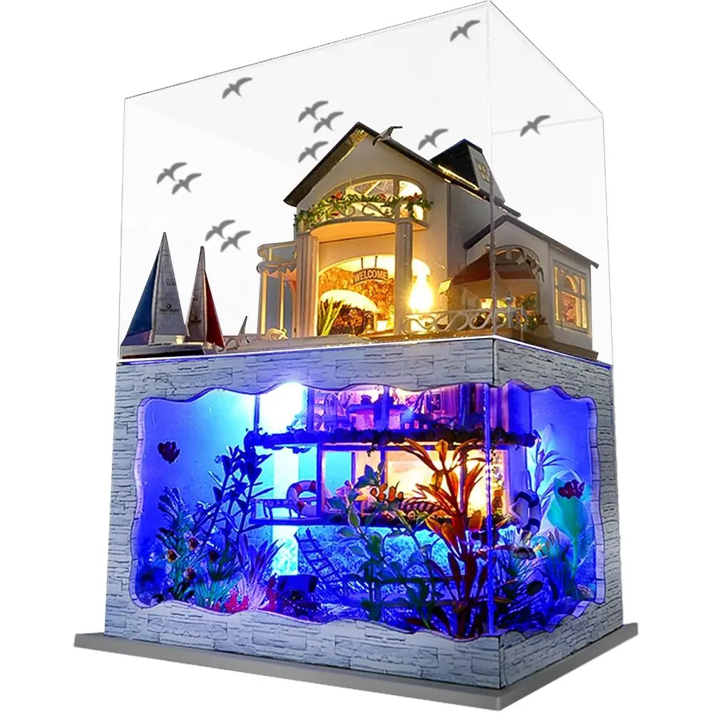 Spilay Miniature Dollhouse Kit with Furniture, DIY Modern Villa Model, 1:24 Scale Wooden Craft Building Set with Dust Cover & Music Box, Hawaii Impression, Bookshelf Decor Home Display, Creative Birthday Gift for Adult DIY Lovers