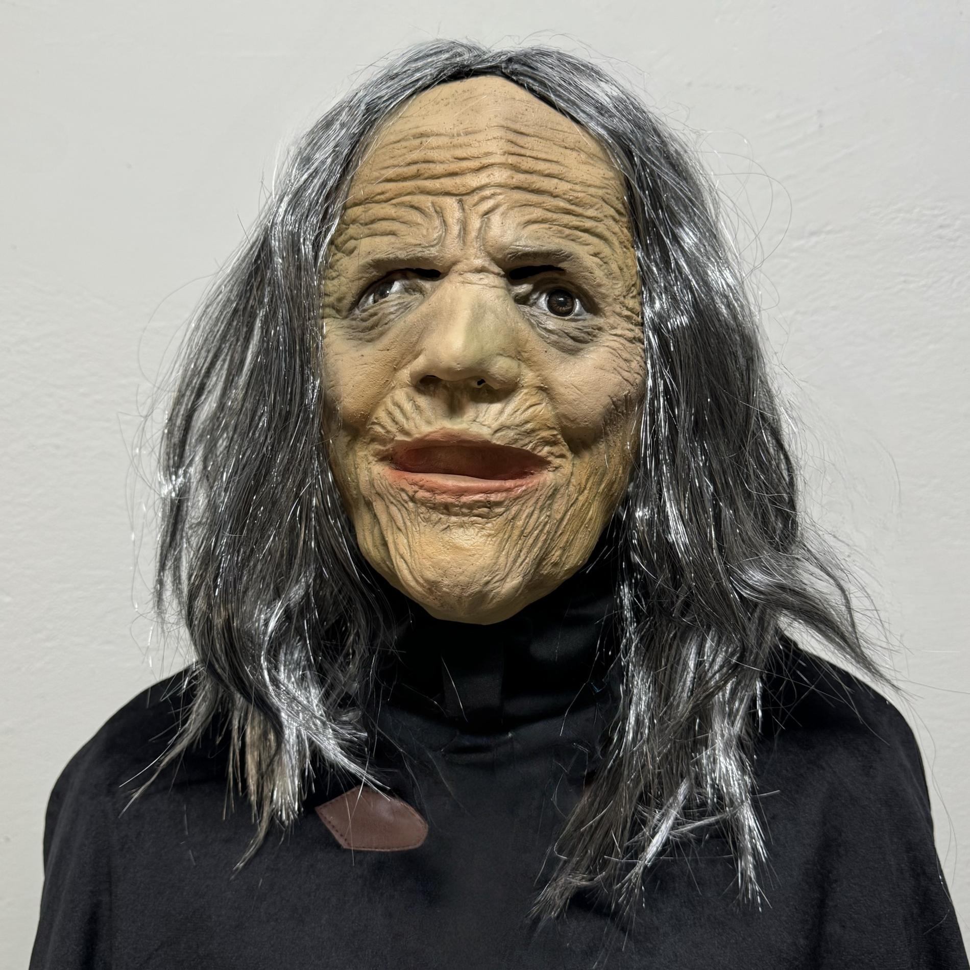Scary Old Witch Latex Mask – Creepy Grandma Costume With Black Eyes And Grey Hair For Halloween Horror Cosplay Party Adults Masquerade Prop
